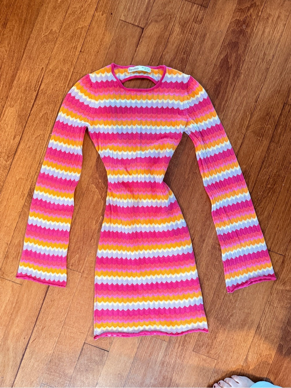 Bershka (ASOS) Crochet Knit Stripe Long-Sleeve Mini Dress - Small